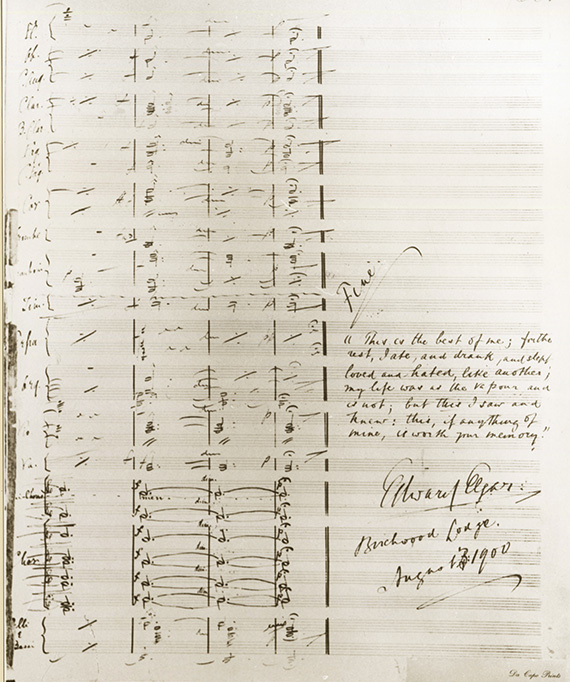 The final page of Elgar's full scoring for The Dream of Gerontius with his quotation from Ruskin