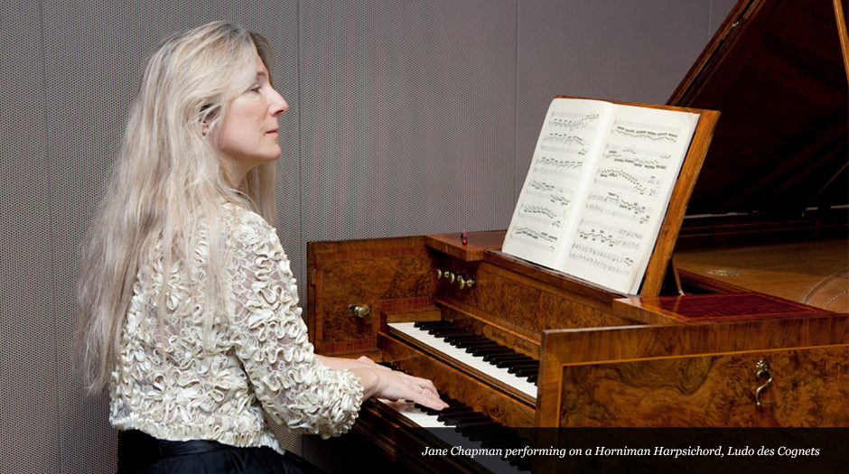 Jane Chapman performing on a Horniman Harpsichord